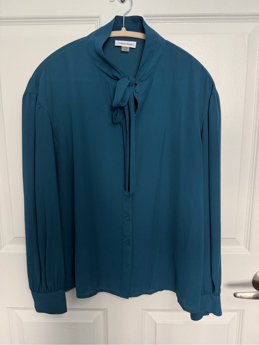 Calvin Klein Teal Tie-Neck Button-Front Blouse